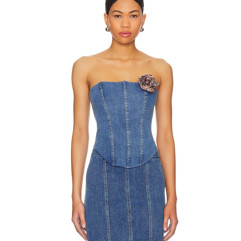 Majorelle Women's Strapless‎ Denim Corset Top with Floral Applique XL